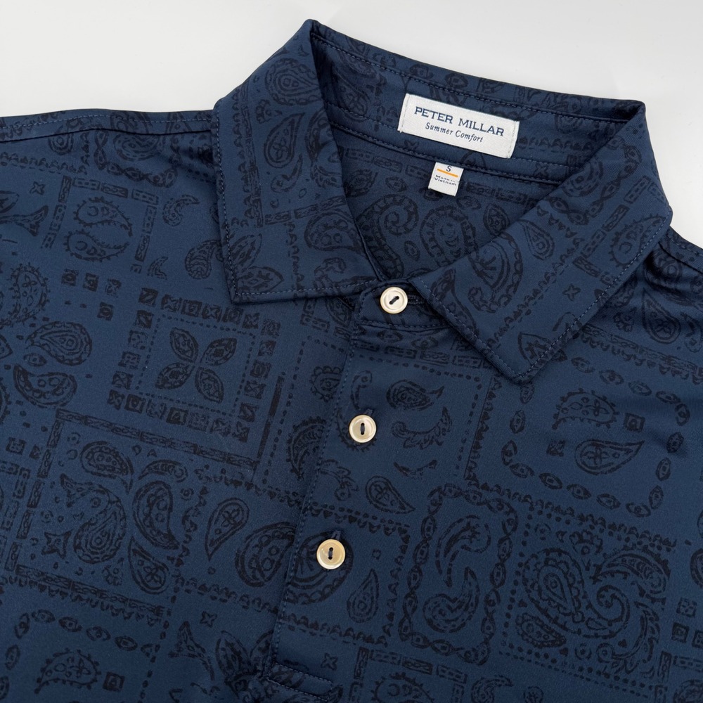 Peter Millar Polo Shirt Mens Small Navy Blue Bandana Paisley Summer Comfort Golf